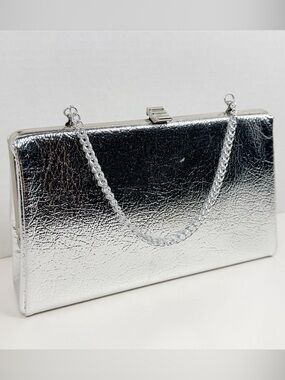 Metallic Silver Evening Clutch with Metal Clasp, Plastic Chain